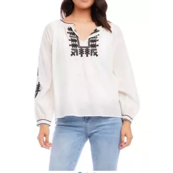 Karen Kane | Boho Peasant Embroidered Cotton Women Top Cream (Off white) Med - Picture 4 of 13